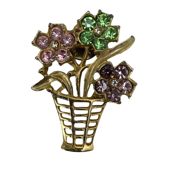 VTG Flower Basket Brooch Pin Rhinestone Floral Bouquet Style Jewelry 1 3/8 in - Picture 6 of 6